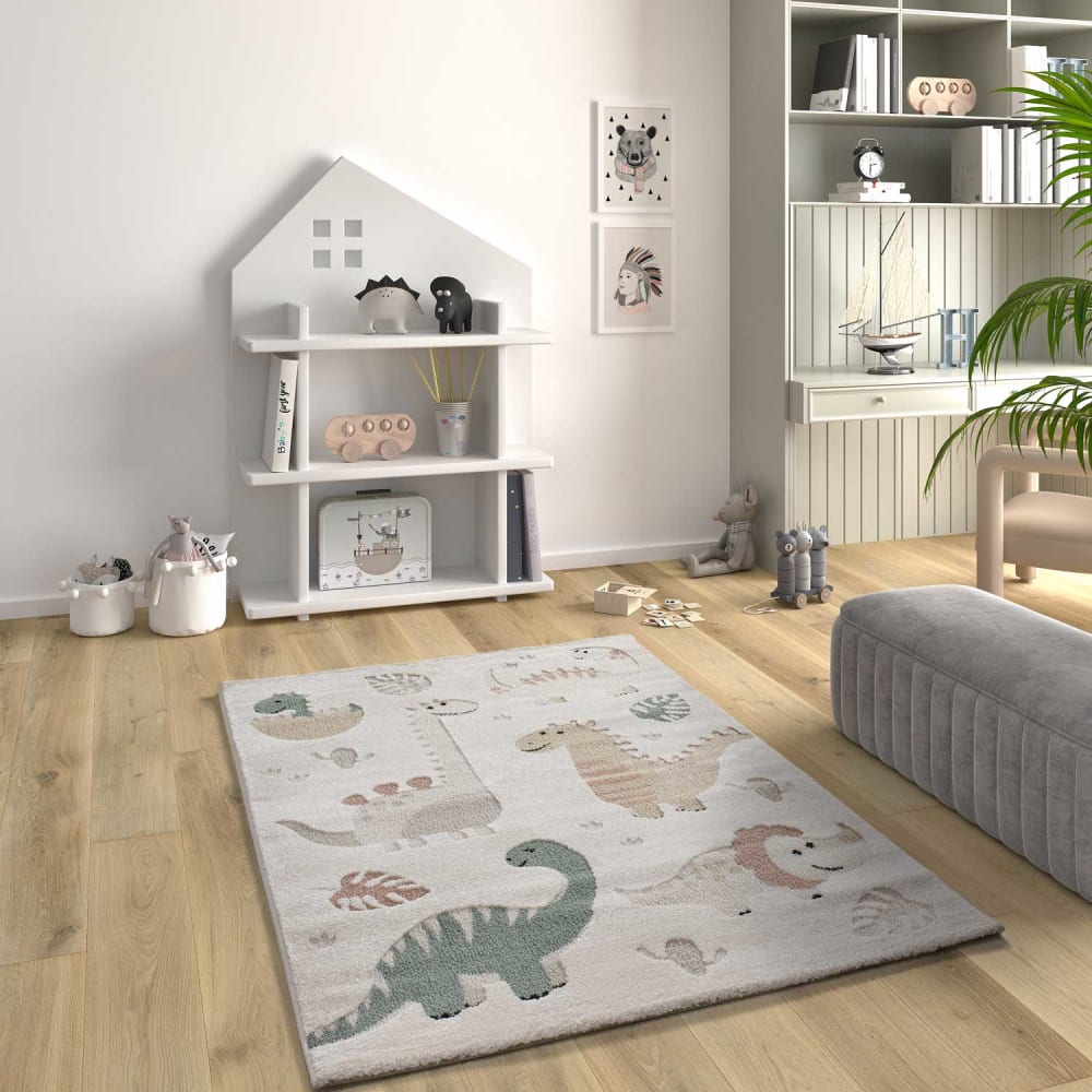 Tapis enfant dinasaures blanc/multicolore, 120x170 cm