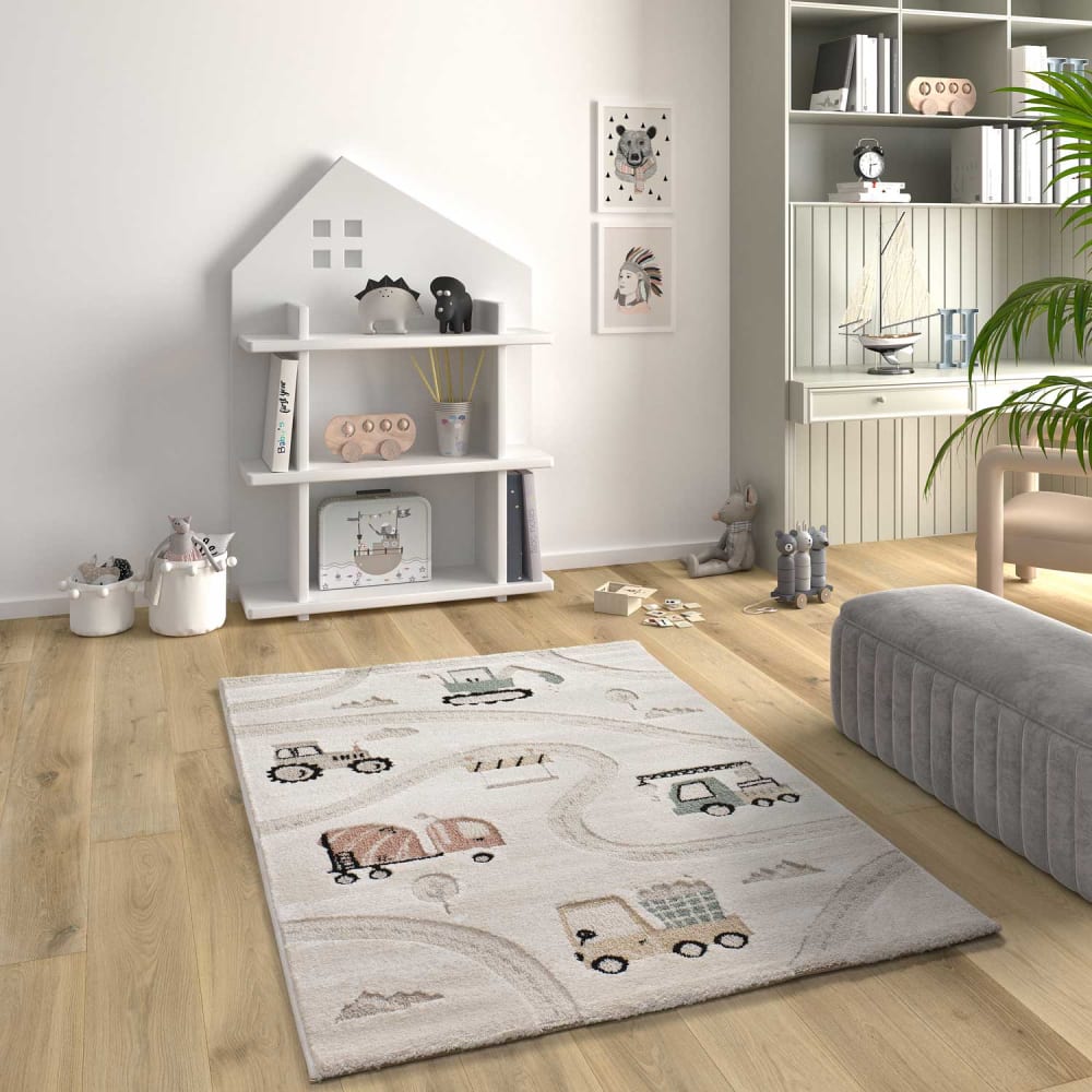 Tapis enfant circuit voiture blanc/multicolore, 120x170 cm