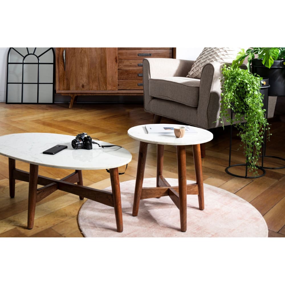 Table basse ovale vintage en manguier et marbre blanc L70