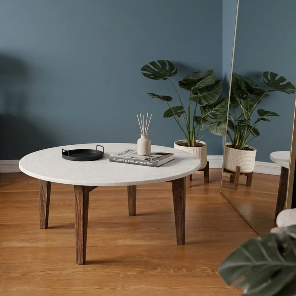 Table basse ronde vintage en manguier et marbre blanc l75
