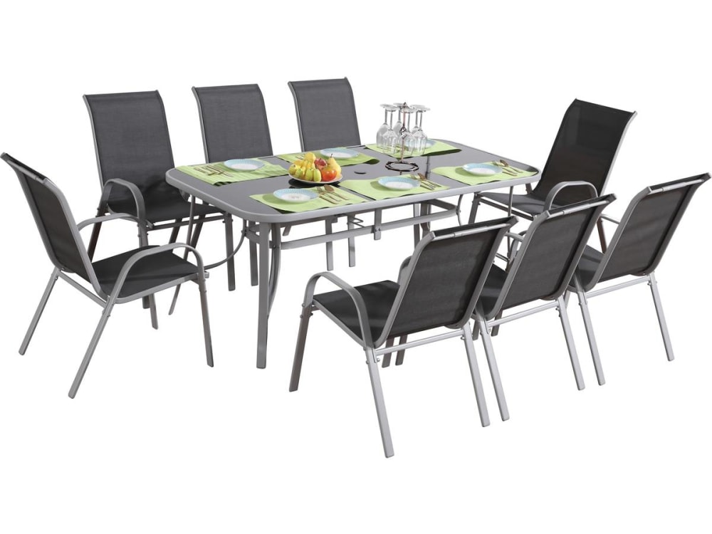 Salon de jardin repas acier gris 8 places