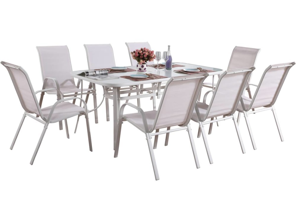 Salon de jardin repas acier ecru 6 places