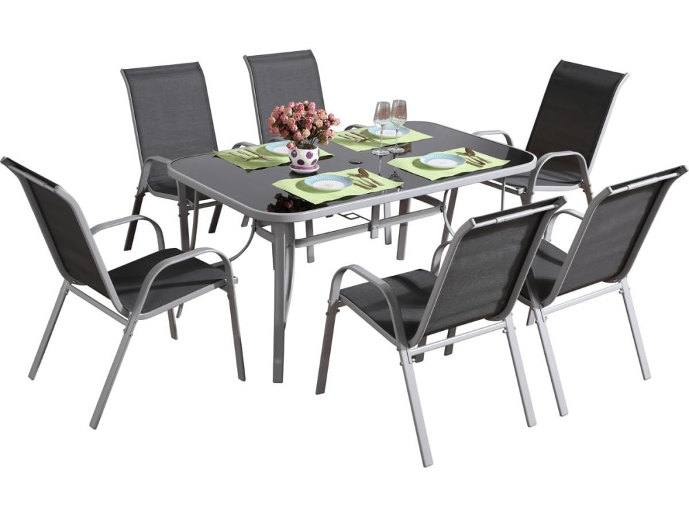 Salon de jardin repas acier gris 6 places