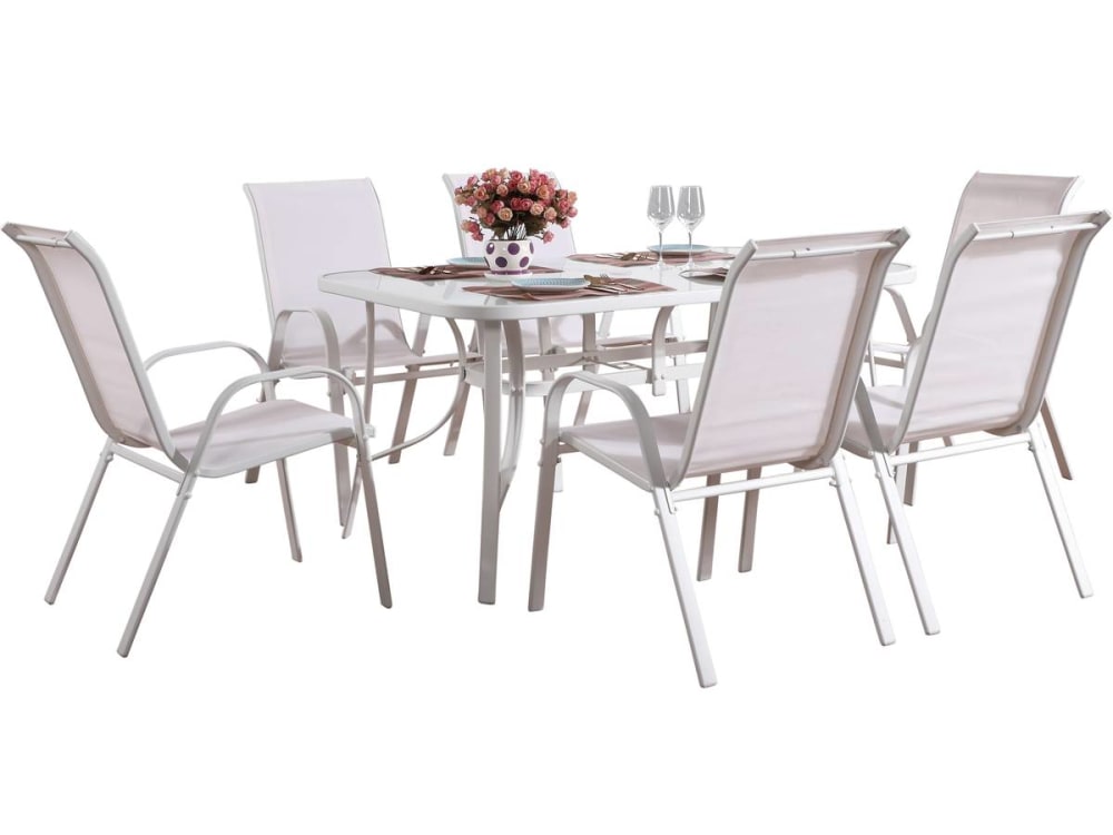 Salon de jardin repas acier ecru 8 places