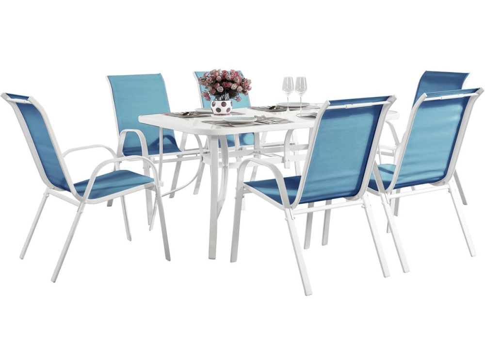 Salon de jardin repas acier bleu 6 places