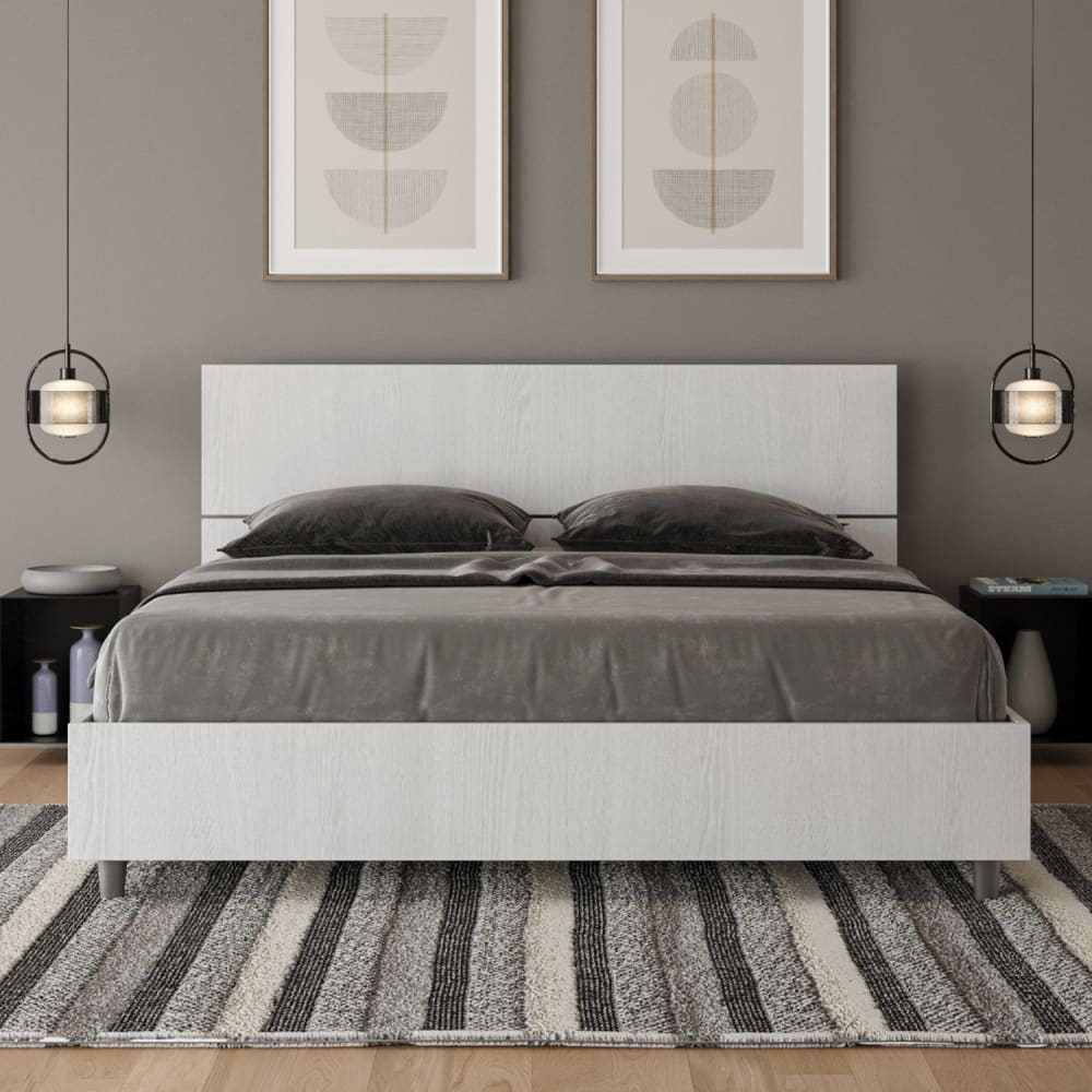 Lit coffre 160x200 tête de lit droite effet bois frêne blanc