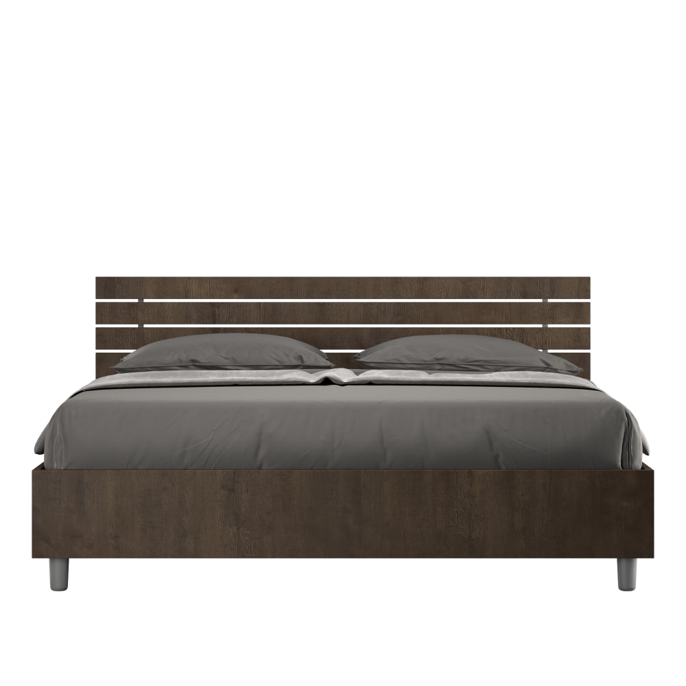 Ityhome Bett mit Bettkasten 160x200 schräges Kopfteil mit Holzlatten Nussbaum style modern Braun Spanplatte