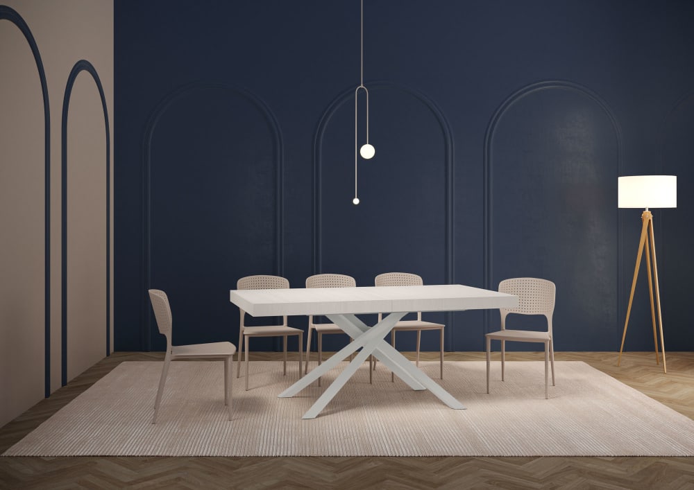 Ausziehtisch 90x200/304cm Esche weiß mit weißem Eisenrahmen -