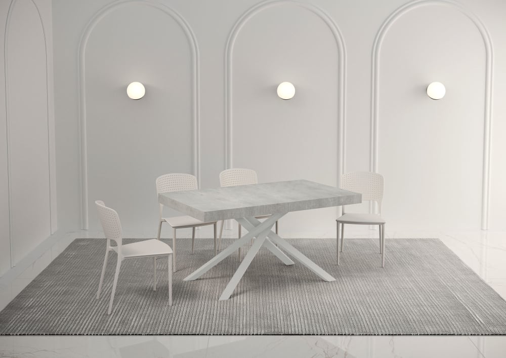 Ausziehtisch 80x140/224 cm Zement mit weißem Eisenrahmen -