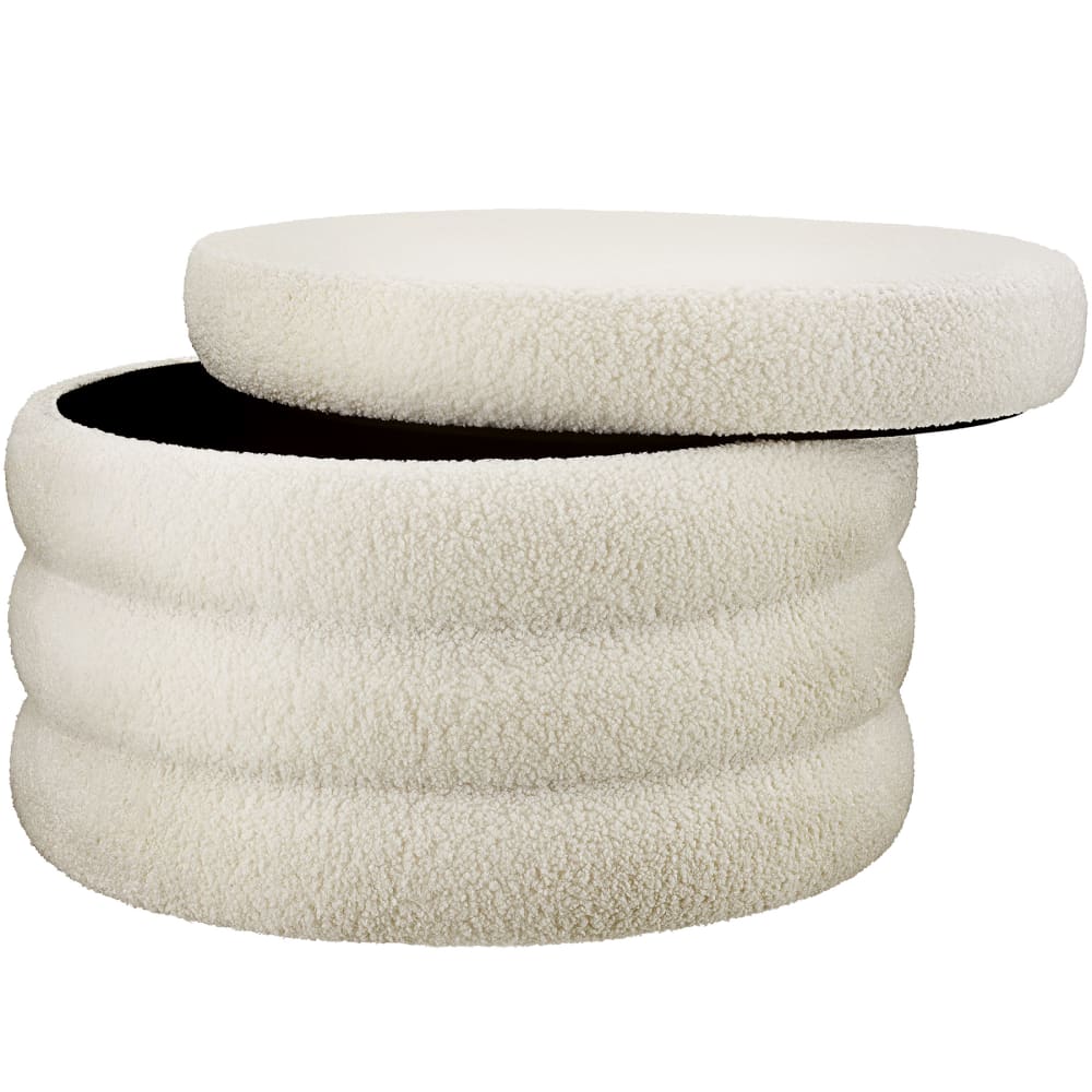Tabouret rembourré rond avec rangement revêtement bouclé crème