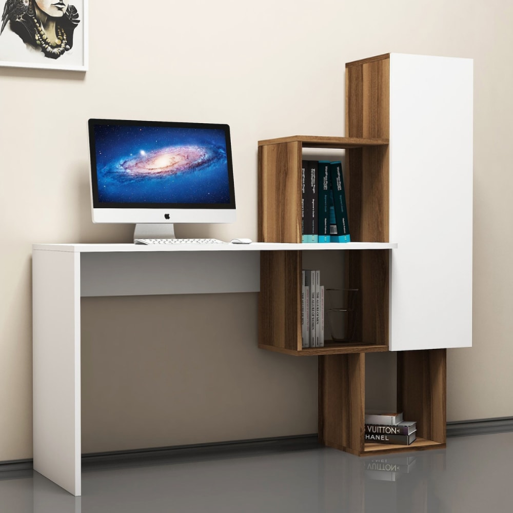 Funktionaler Schreibtisch mit 6 Staufächern – Holz und weiß -