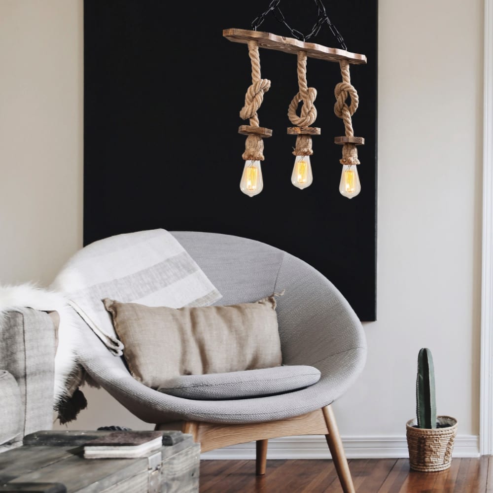 Concept Usine Rustikale Drahtpendelleuchte mit 3 Lampen aus Seilen und Holz style modern Braun Holz