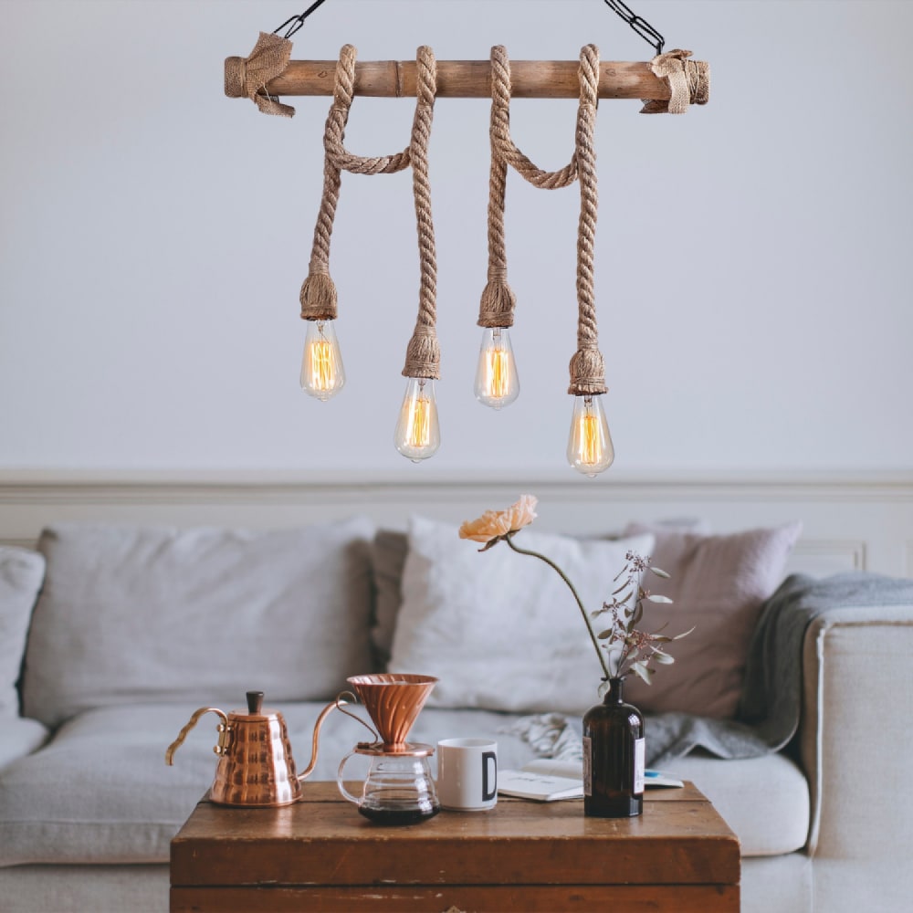 Concept Usine Rustikale Drahtpendelleuchte mit 4 Lampen aus Seilen und Holz style modern Braun Holz