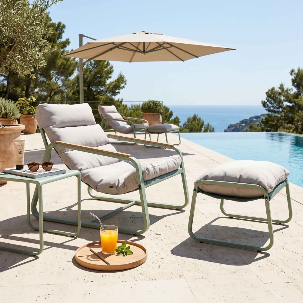 Fauteuil relax en acier et textilène avec repose-pieds vert cactus