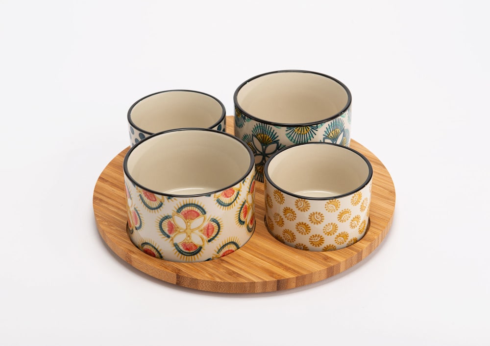 Service apéritif  4 bols avec plateau bois beige en grès - Maisons du Monde