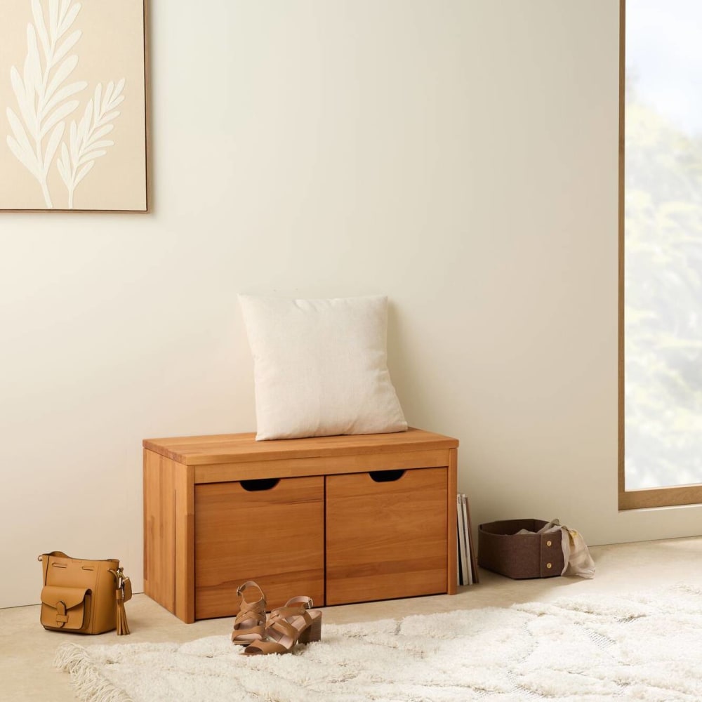 Banc avec 2 cubes de rangement en hêtre massif