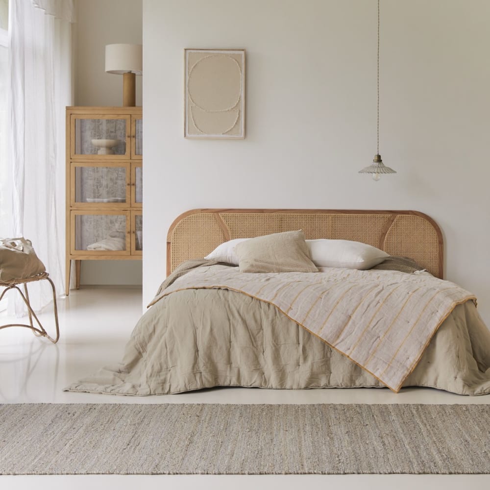 Tikamoon Kopfteil aus massivem Mindiholz und Rohrgeflecht 200 cm style vintage Beige