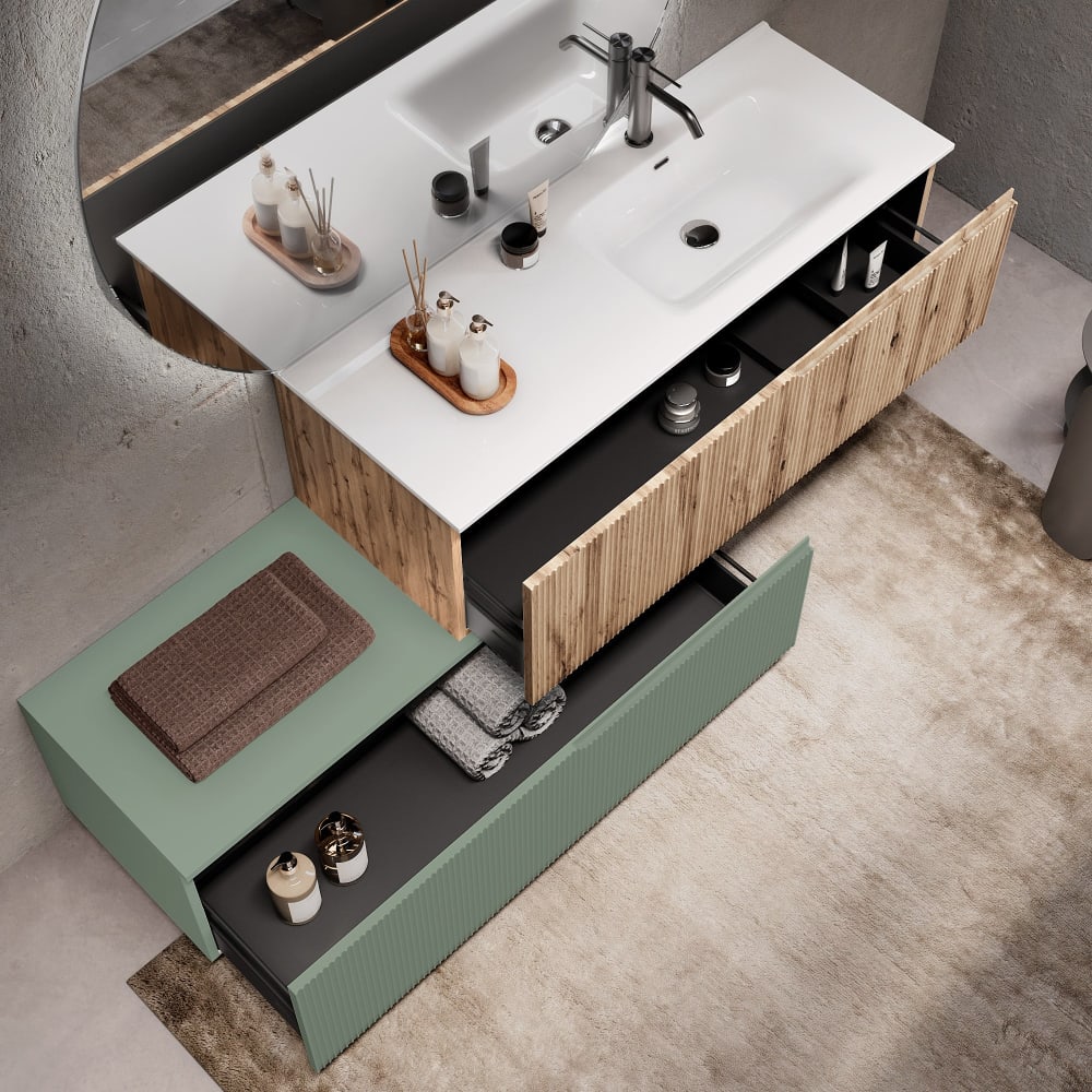 Composition baignoire droite 4 pièces en MDF chêne/vert sauge