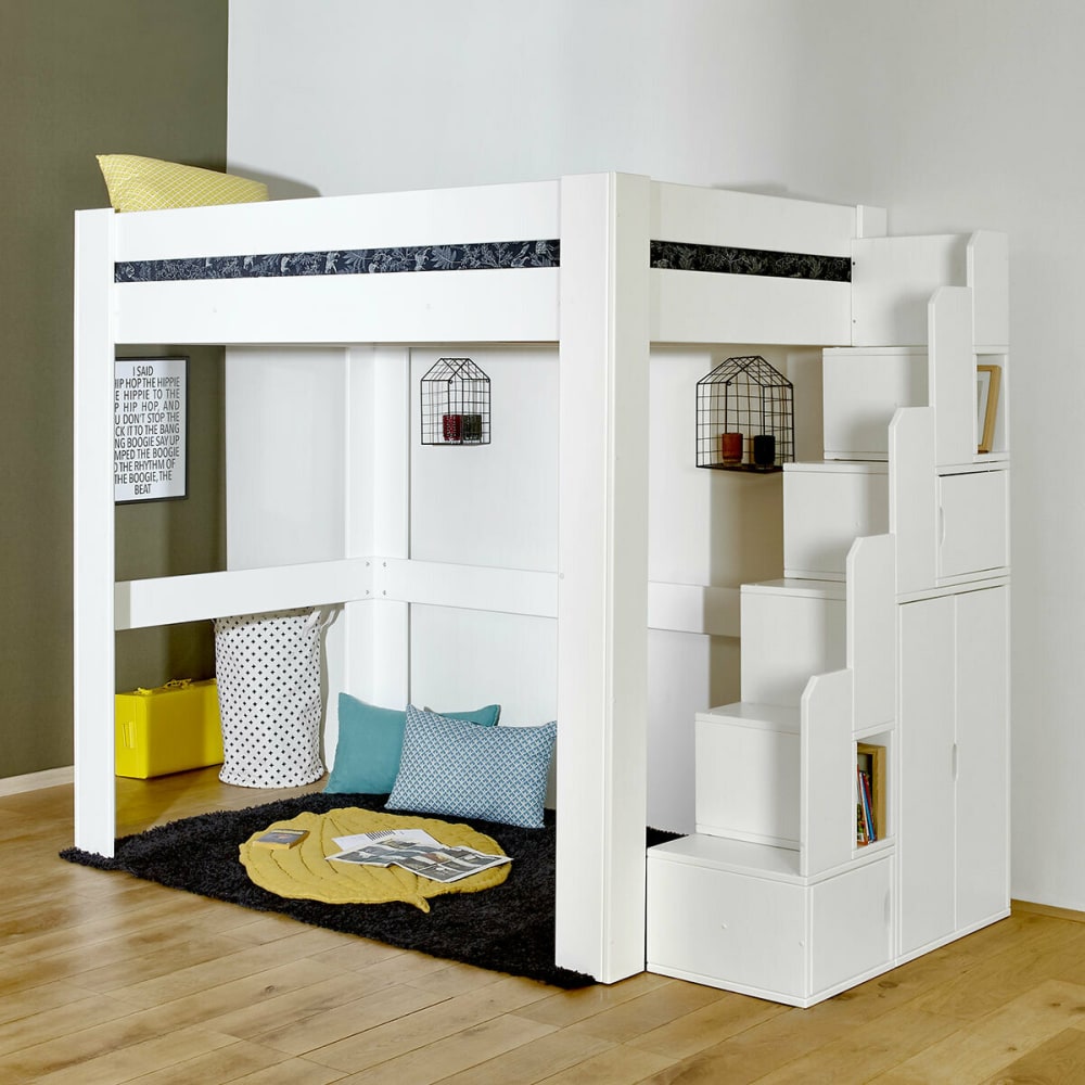 Lit mezzanine 2 places bois massif blanc 120x190 cm