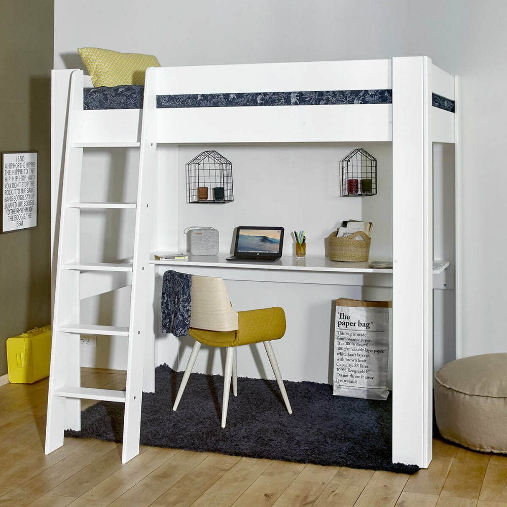 Pack lit mezzanine avec bureau et matelas bois massif blanc 90x190 cm - Maisons du Monde