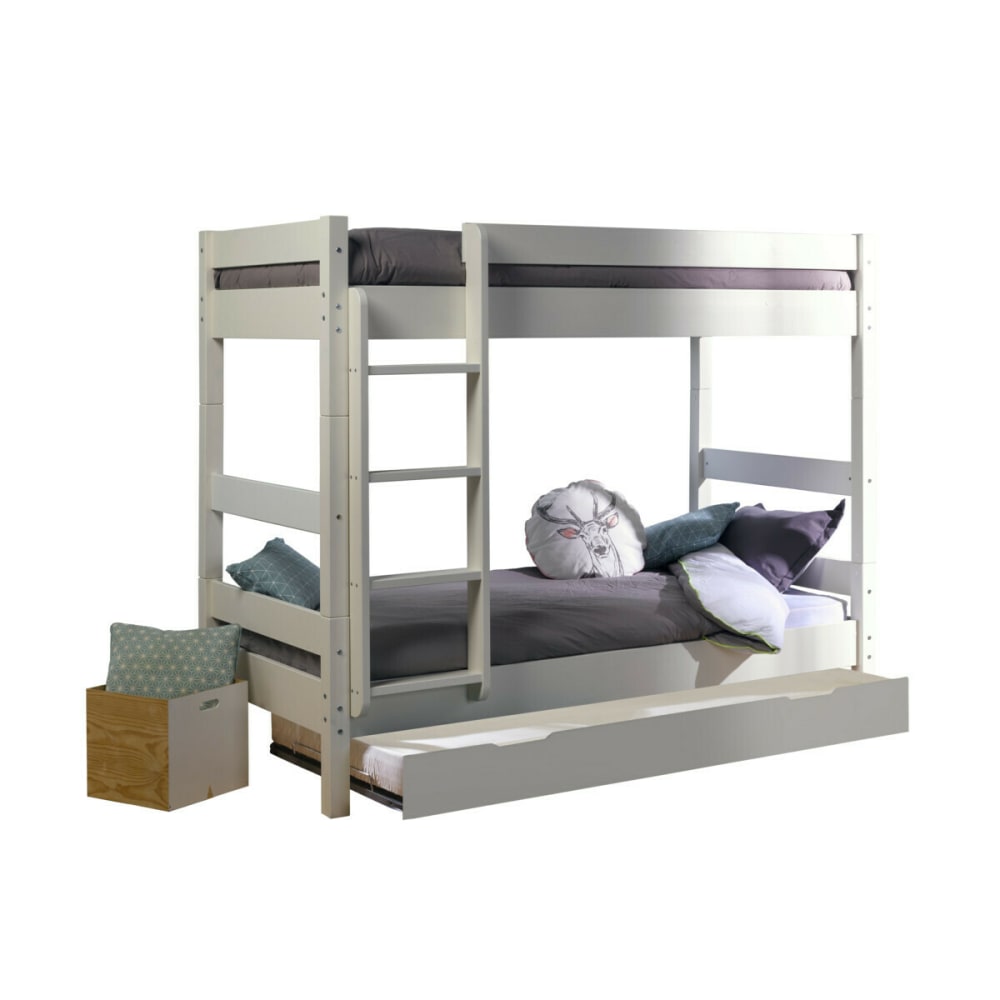 Pack lit superposé gigogne avec matelas bois massif blanc 90x190 cm (ID Kids) - Image 1