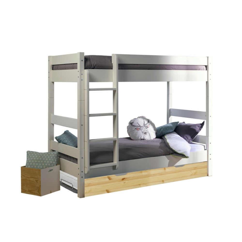 Pack lit superposé gigogne avec matelas 90x190 bois massif blanc bois