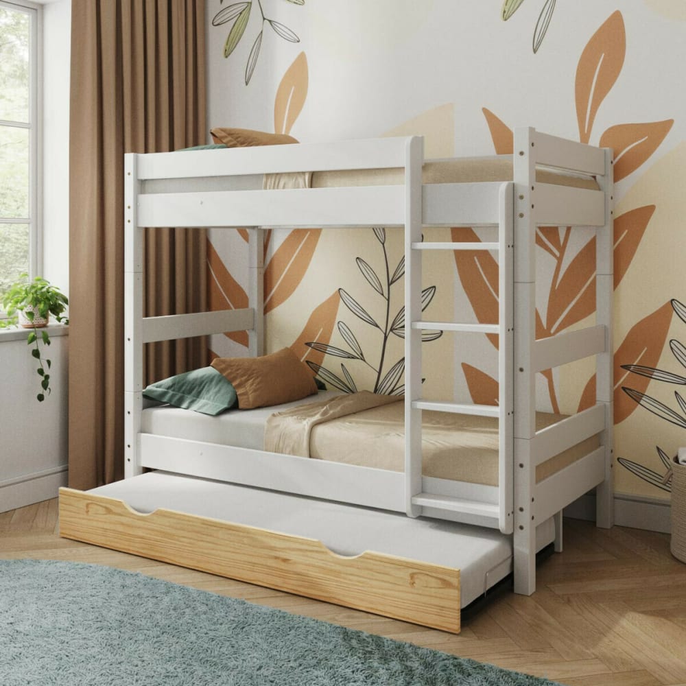 Pack lit superposé gigogne avec matelas 90x190 bois massif blanc bois - Maisons du Monde