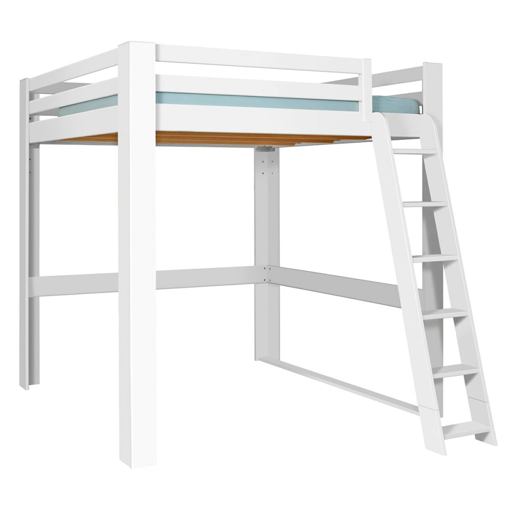 Lit mezzanine 2 places bois massif blanc 200x200 cm