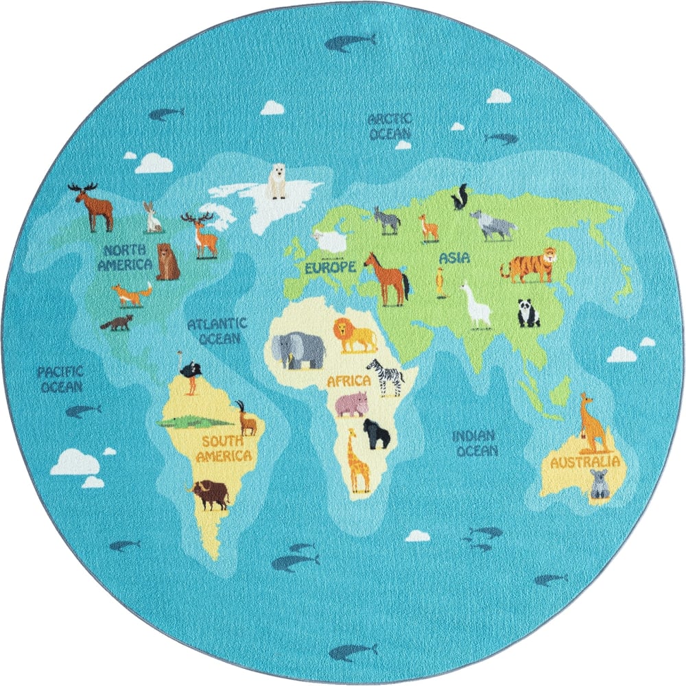 Tapis jeu enfant continents, bleu, 160 cm rond