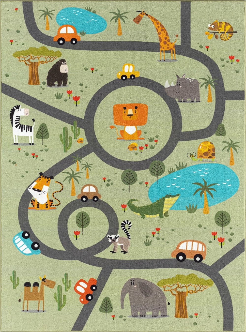 Tapis enfant animaux voiture, vert, 240 x 340 cm