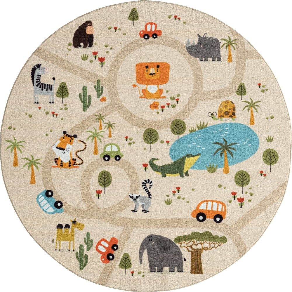 Tapis enfant animaux voiture, beige, 200 cm rond