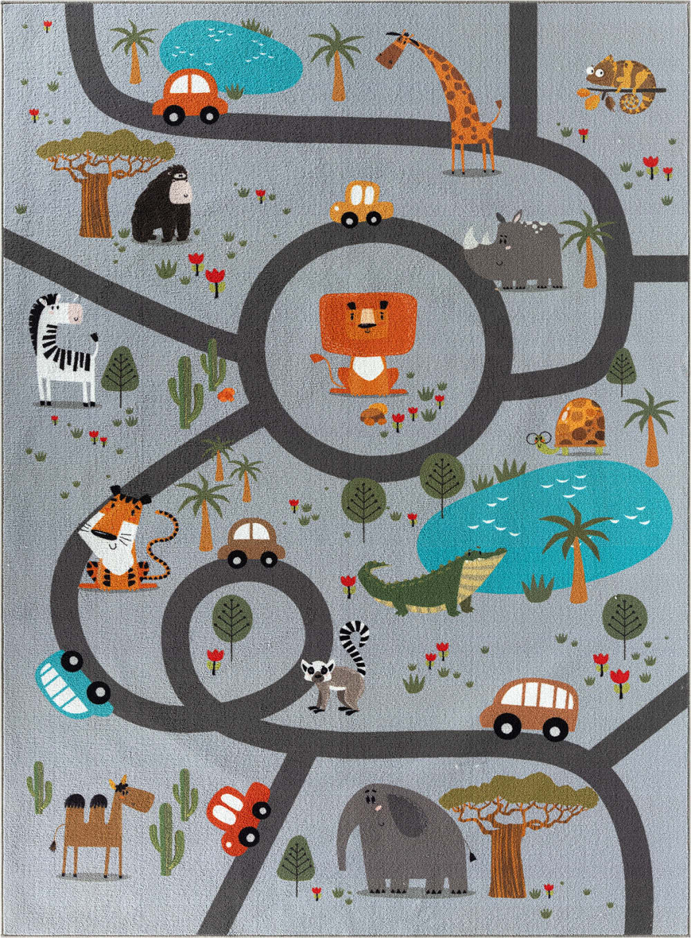 Tapis enfant animaux voiture, gris, 120 x 160 cm