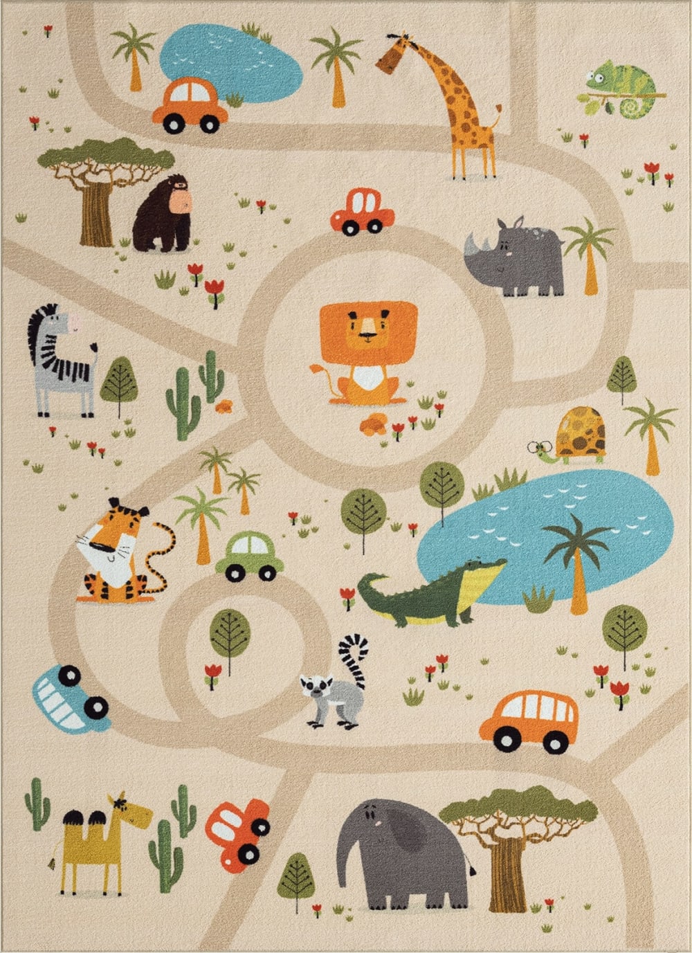 Tapis enfant animaux voiture, beige, 240 x 340 cm