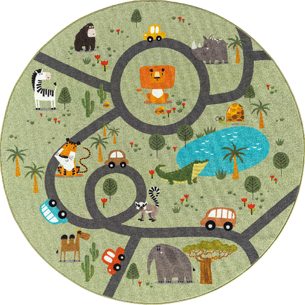 Tapis enfant animaux voiture, vert, 200 cm rond