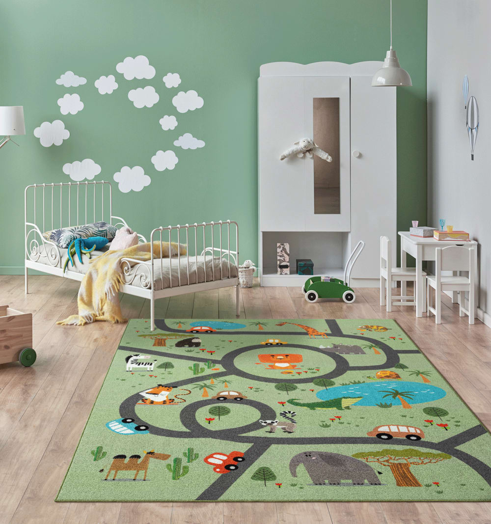 Tapis enfant animaux voiture, vert, 200 x 290 cm