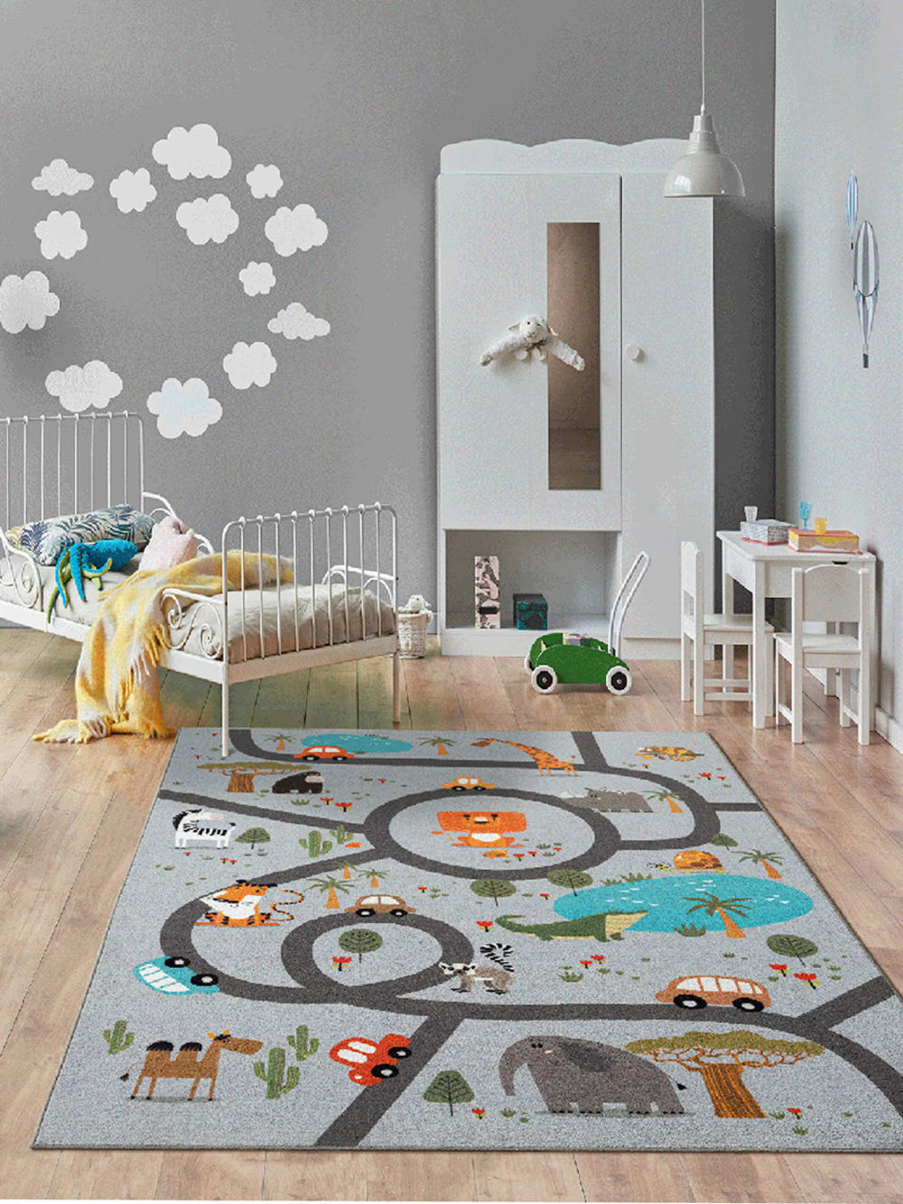 Tapis enfant animaux voiture, gris, 200 x 290 cm