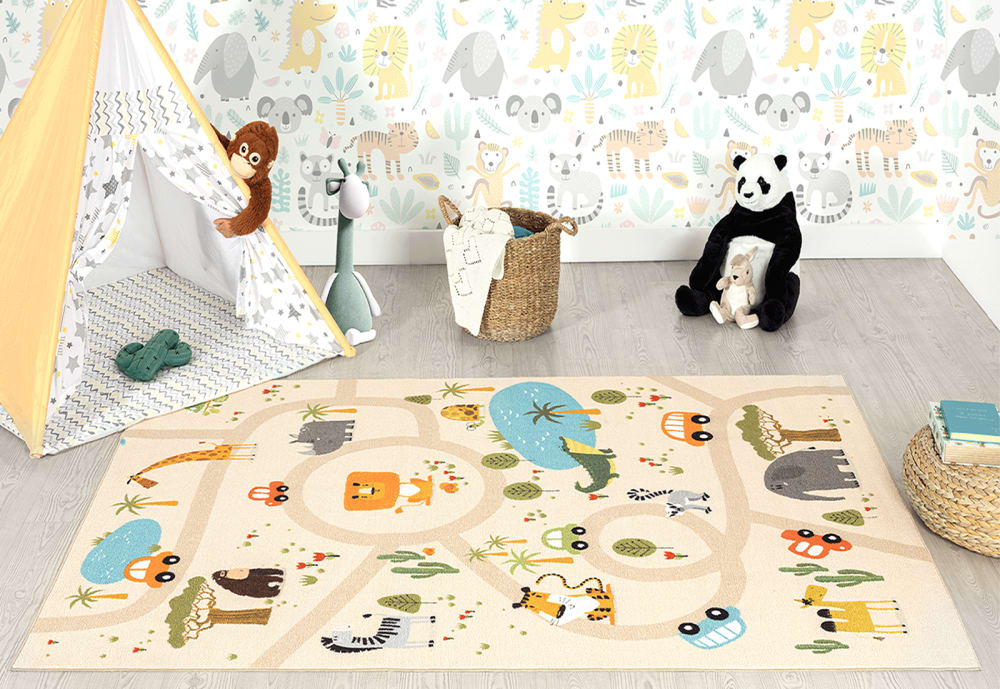 Tapis enfant animaux voiture, beige, 200 x 290 cm
