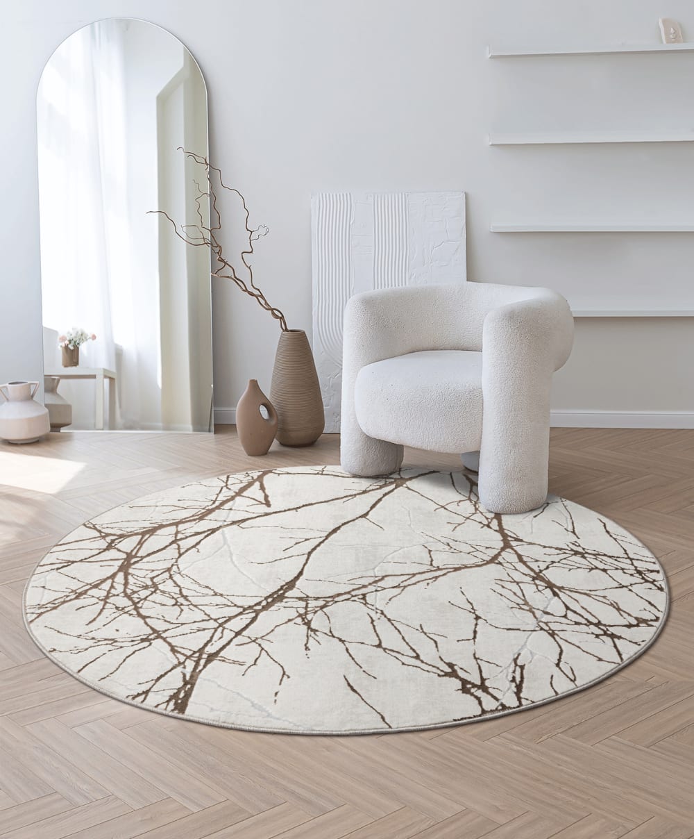 Tapis poils courts nœuds salon moderne, crème, 200 cm rond — vue 3