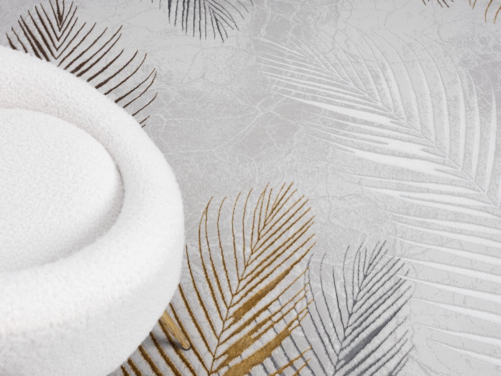 Tapis poil ras motif feuilles palmier moderne, gris, 200 cm rond