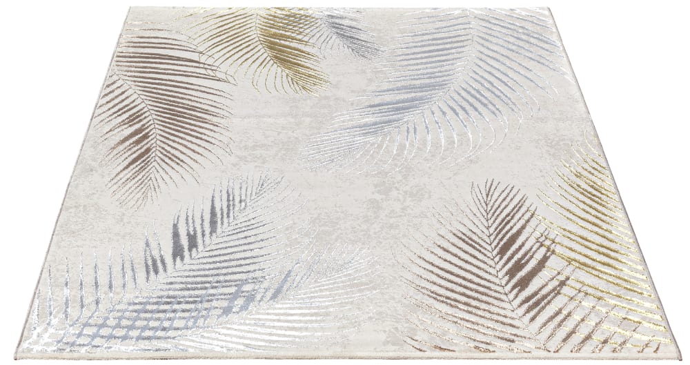 Tapis poil ras motif feuilles palmier moderne, crème, 140 x 200 cm