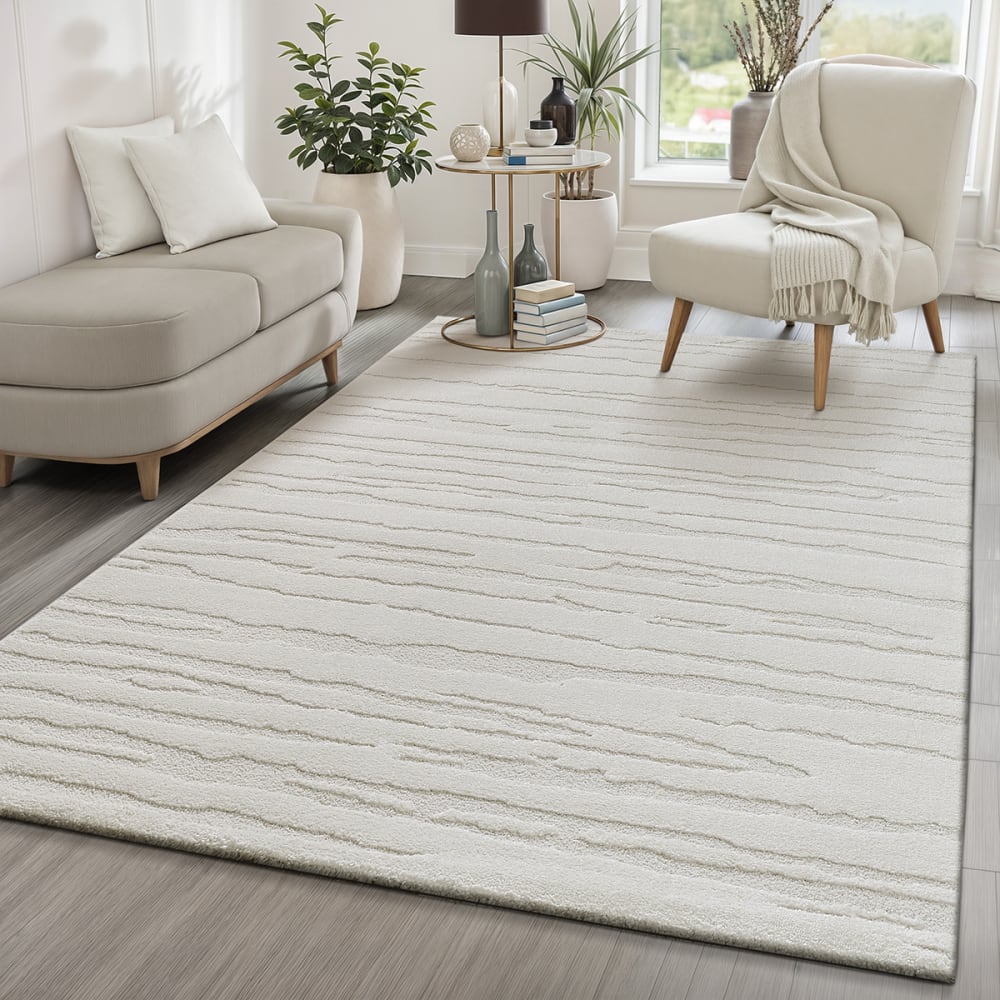 The carpet Moderner Teppich, Hoch-Tief Struktur, Creme, 80 x 300 cm style modern Weiß Pes - Polyester