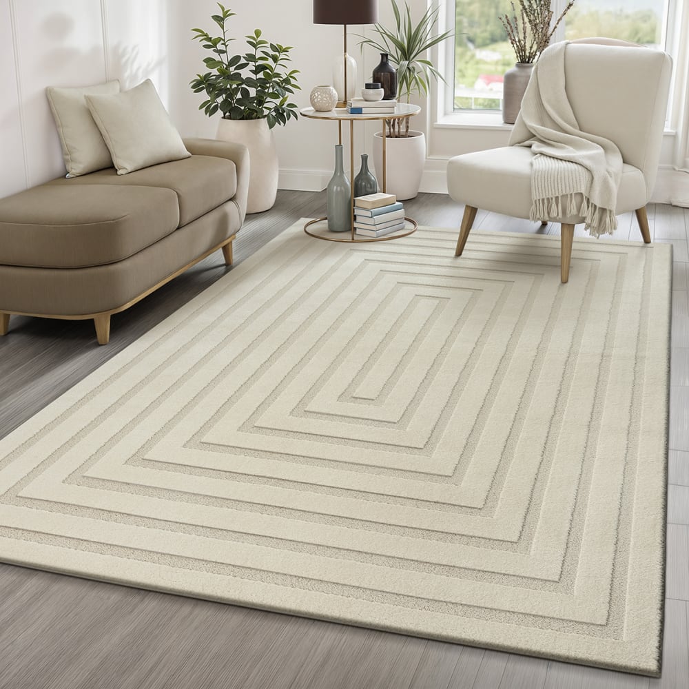 The carpet Moderner Teppich, Hoch-Tief Struktur, Creme, 200 x 290 cm style modern Weiß Pes - Polyester