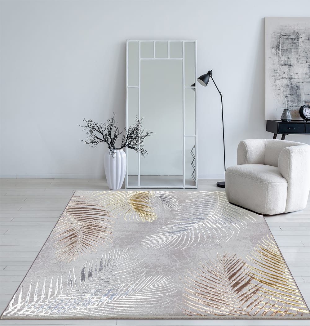 Tapis poil ras motif feuilles palmier moderne, gris, 80 x 300 cm