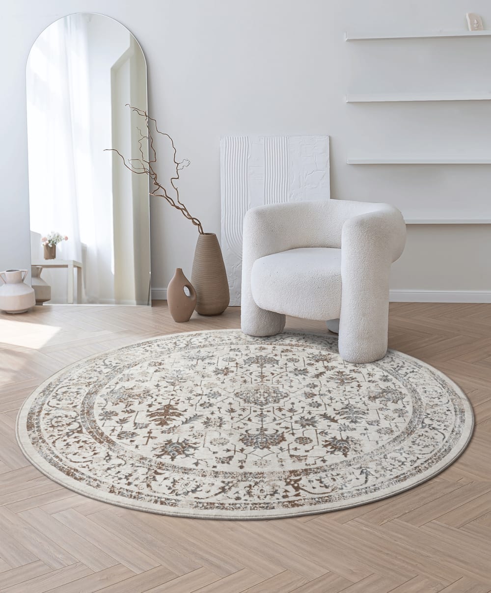 Tapis oriental vintage poils courts salon, crème, 200 cm rond — vue 3