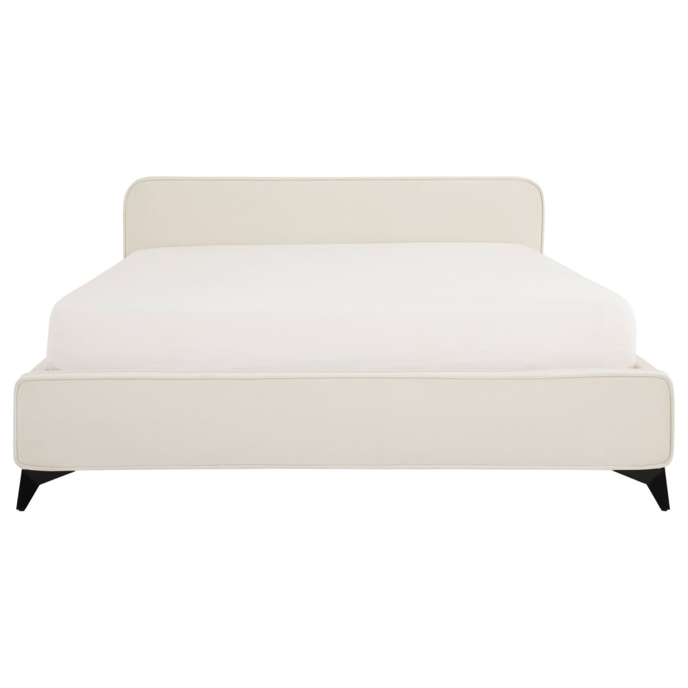 Lit double en tissu peau de pêche, blanc, avec sommier, 140 x 190 cm