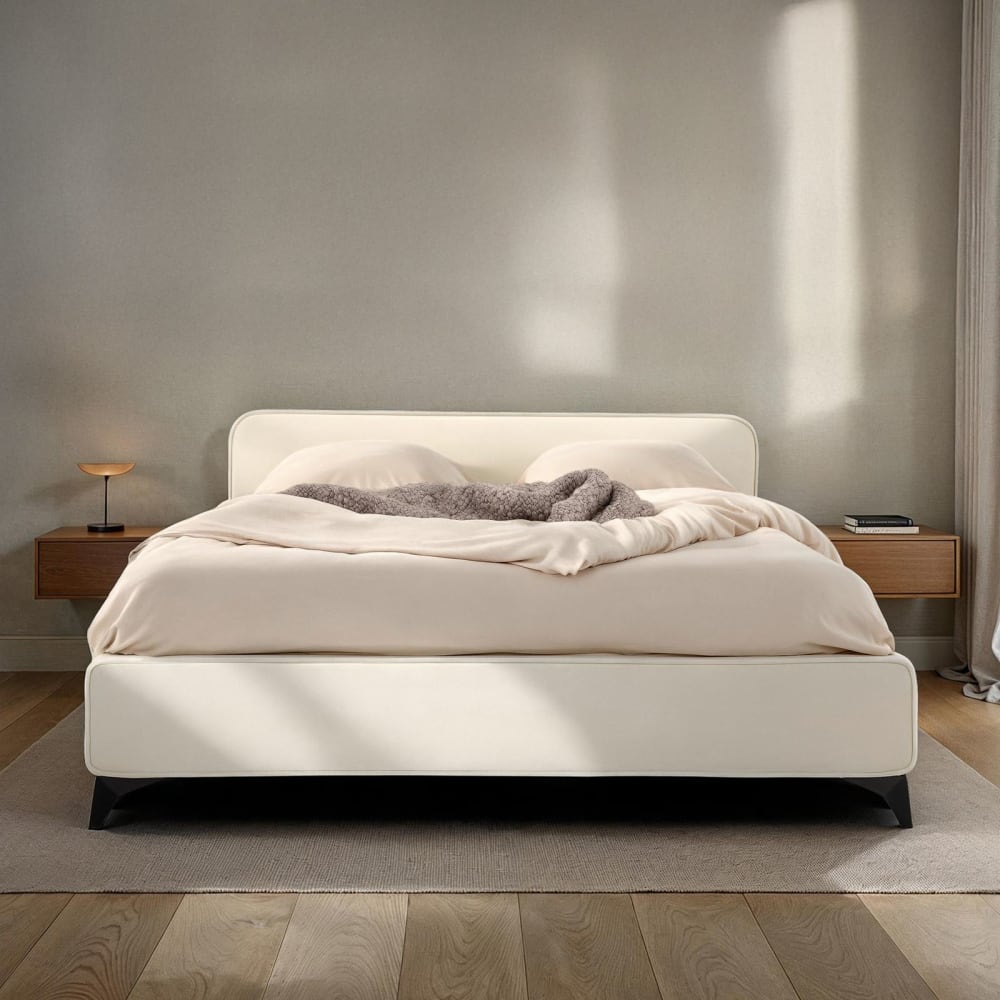 Lit double en tissu peau de pêche, blanc, avec sommier, 140 x 190 cm