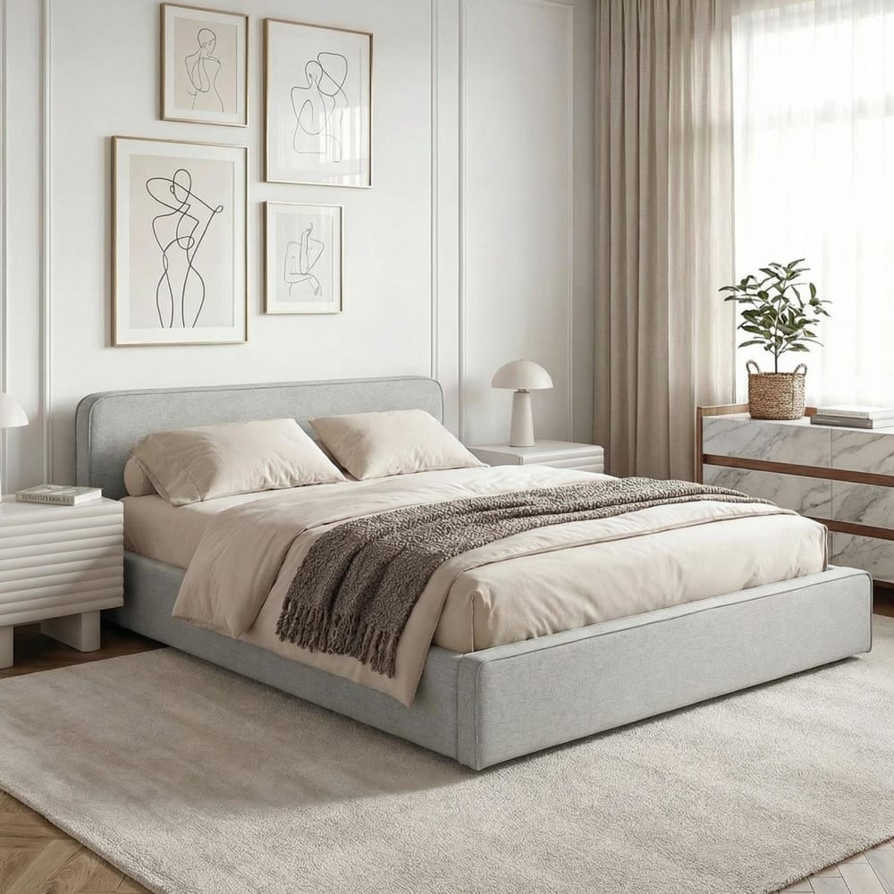Lit double en tissu gris clair rembourré, avec sommier, 140 x 190 cm - Maisons du Monde
