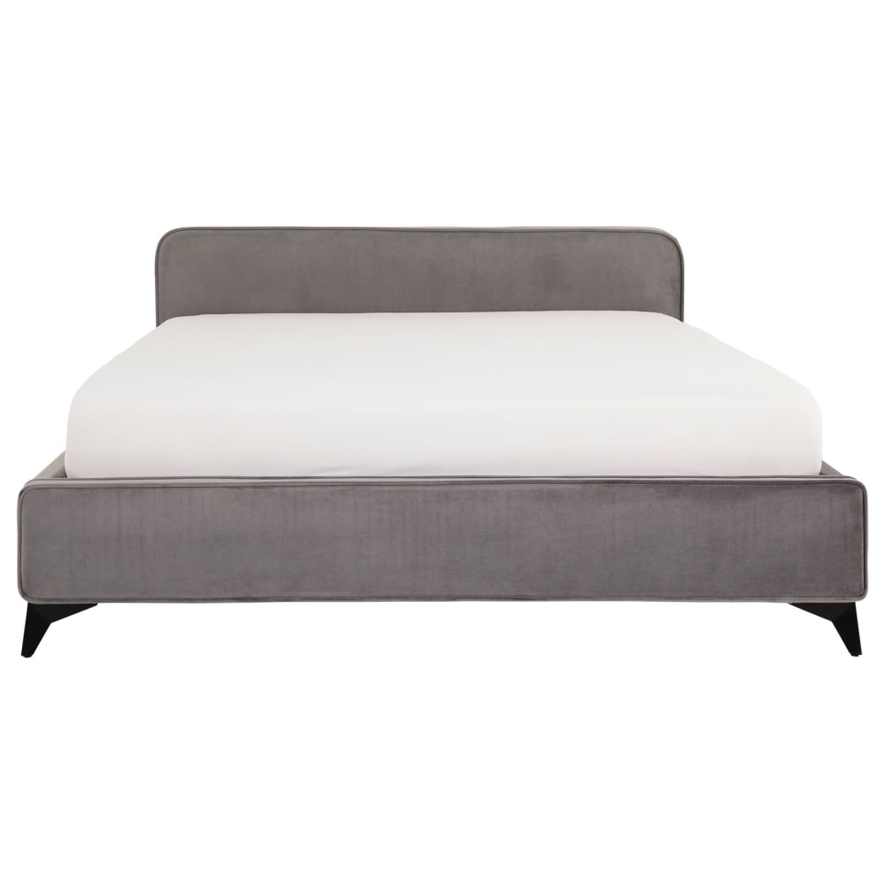 Lit double en tissu peau de pêche, gris, avec sommier, 140 x 190 cm