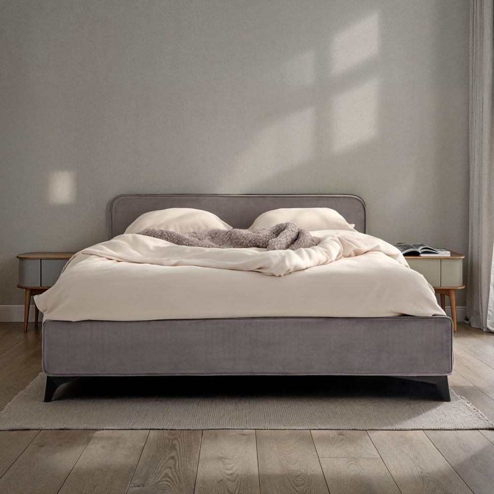 Lit double en tissu peau de pêche, gris, avec sommier, 140 x 190 cm