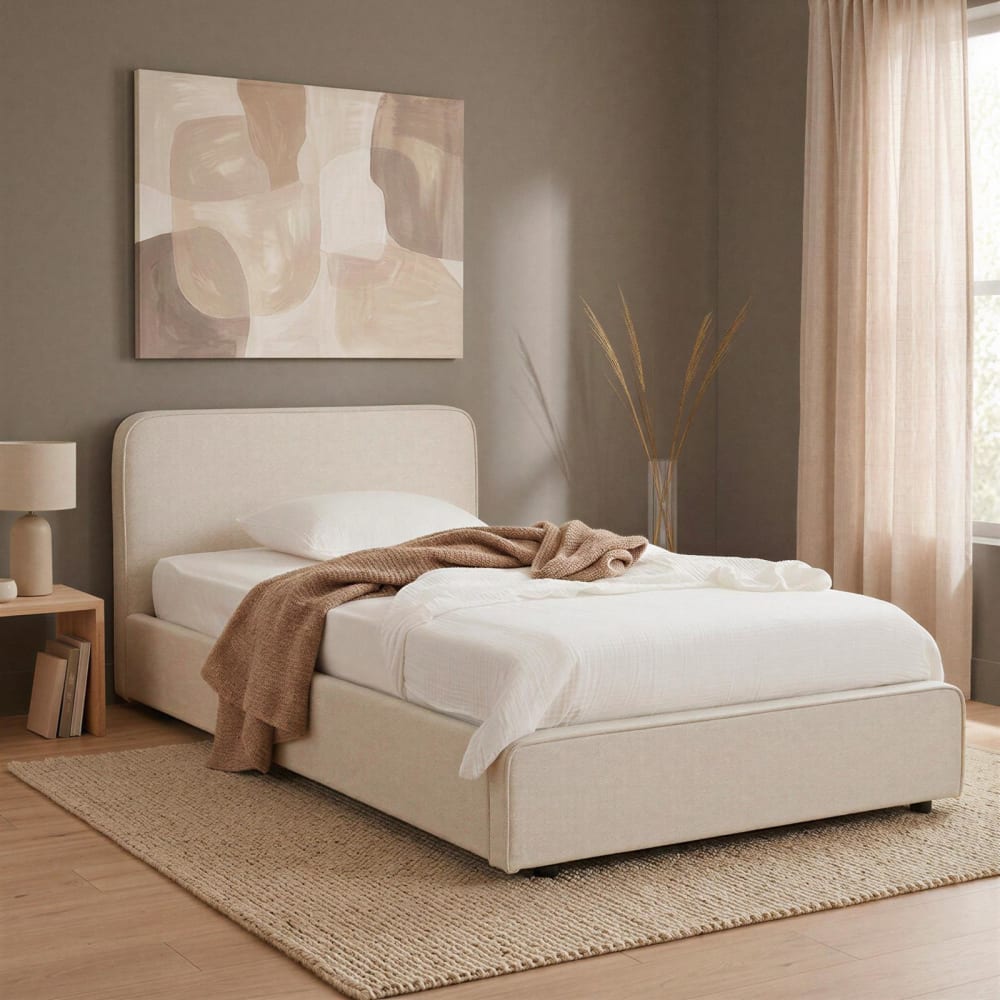 Lit simple rembourré en tissu blanc crème, avec sommier, 90 x 190 cm - Maisons du Monde